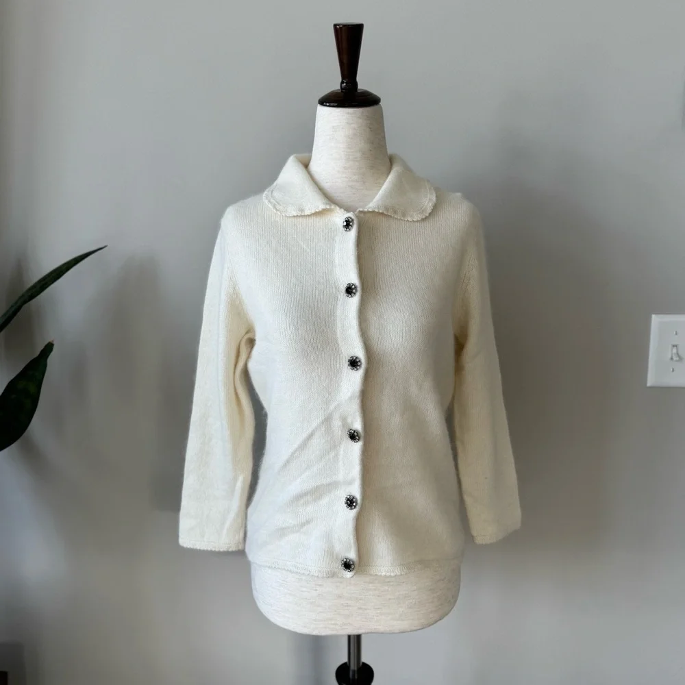 Ann Taylor Angora Rabbit Hair Lambswool Cropped Sleeve Jeweled Button Cardigan